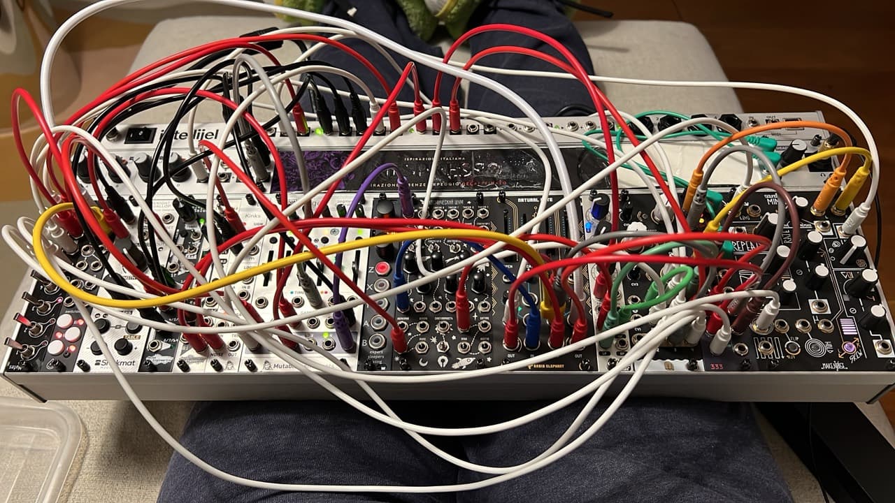 My modular synthesizer, full of patch cables and possibilities